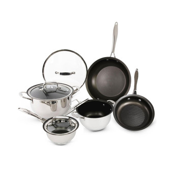 9-Piece Stainless Steel Cookware Set Scratch-Resistant Non-Stick Coating Includes Pots, Pans and Skillets Clear Lids and Cool Touch Handles, Extra-Wide Rims for Easy Pouring