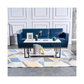 D&N Coffee Table, 2 Layers 1.5cm Thick Marble MDF Rectangle 39.37" L Table Top Iron Coffee Table, Dining Room, Coffee Shop, Restaurant, White Top, Black Leg