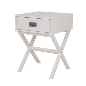 White Wooden X-Leg End Table with 1 Drawer