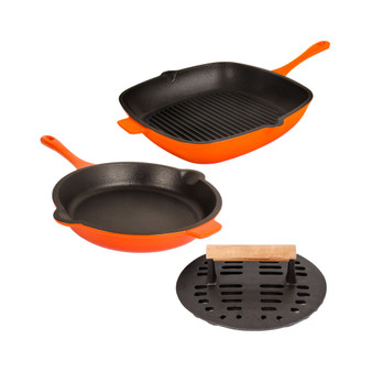 Neo Enameled Cast Iron 3 Piece 10" Fry Pan, 11" Grill Pan, and Slotted Steak Press Set