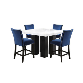 Camila Square 54" Marble Counter Height Table and Blue Velvet Counter Chair 5pc Set (Table+4 Chairs)