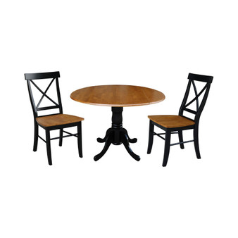 42" Dual Drop Leaf Dining Table with 2 X-back Chairs, 3 Piece Dining Set