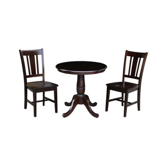 30" Round Top Pedestal Dining Table with 2 Remo Splatback Chairs, 3 Piece Dining Set