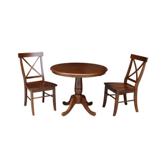 36" Round Top Pedestal Ext Table with 12" Leaf and 2 X-Back Chairs