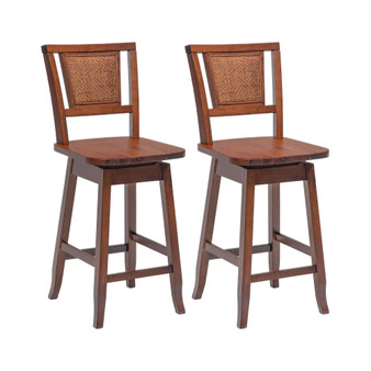 Set of 2 Swivel Bar Stools Counter Height Rubber Wood Pub Chairs w/ Rattan Back