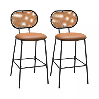 Set of 2 Bar Stools Faux Leather Bar Height Kitchen Chairs with Rattan Back