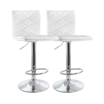 2 Piece Adjustable Diamond Tufted Faux Leather Bar Stool in White with Chrome Base