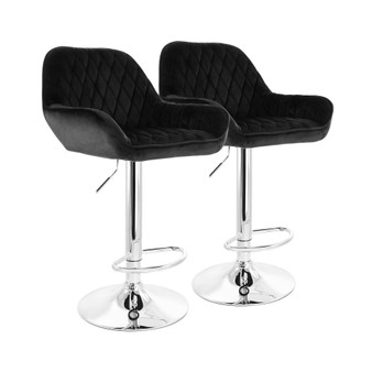 2 Piece Adjustable Velvet Bar Stools in Black with Chrome Base