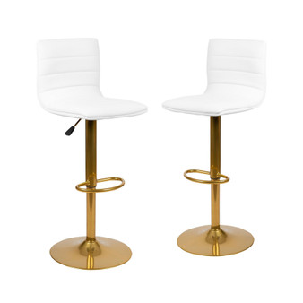 Indoor Chair Modern White Vinyl Adjustable Bar Stool with Back, Counter Height Swivel Stool with Gold Pedestal Base, Set of 2