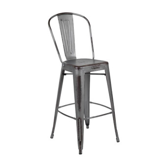 30" High Distressed Silver Gray Metal Indoor-Outdoor Barstool with Back