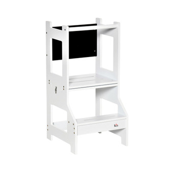 2in1 Kids Kitchen Step Stool Table Chair Set w/ Chalkboard, White