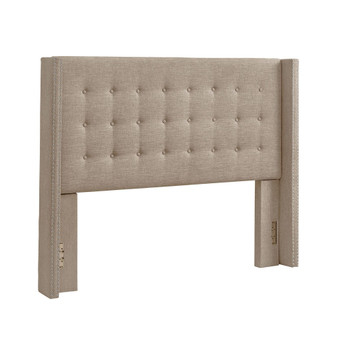 Amelina Tufted Beige Linen Nailhead Wingback Headboard, Full