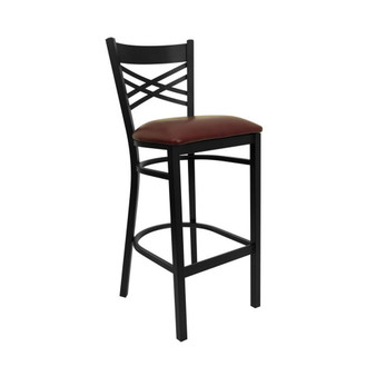 Black ''X'' Back Metal Restaurant Bar Stool with Burgundy Vinyl Seat