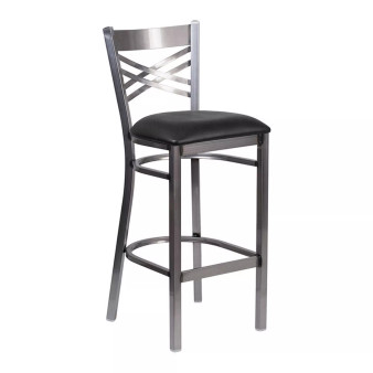 Clear Coated "X" Back Metal Restaurant Barstool - Burgundy Vinyl Seat