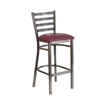 Clear Coated Ladder Back Metal Restaurant Barstool - Burgundy Vinyl Seat