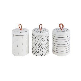 4.25" H Stoneware Container with Lid Leather Pull, 3 Styles