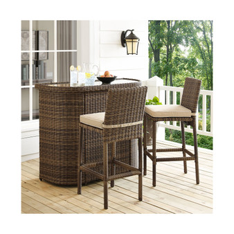 Bradenton 3 Piece Outdoor Wicker Bar Set - Bar And 2 Stools With Cushions