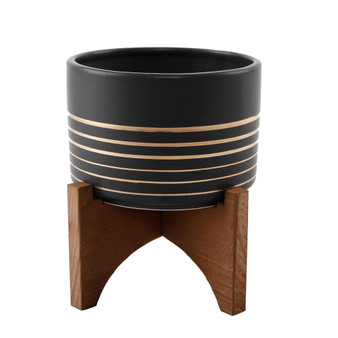Ceramic Planter on Wood Stand, 5.5"