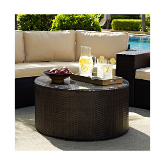 Catalina Outdoor Wicker Round Glass Top Coffee Table