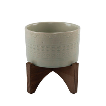 Mayan Ceramic Planter on Wood Stand, 6.25"