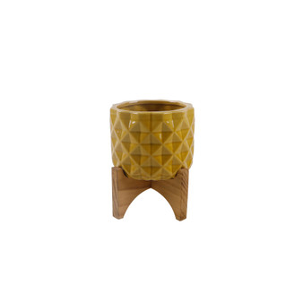 GL Ceramic Dimple Planter on Wood Stand, 5"