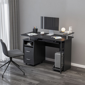 D&N solid wood computer Desk, office table with PC droller, storage shelves and file cabinet, two drawers, CPU tray, a shelf used for planting, single, black. 47.24"L 21.65"W 34.35"H
