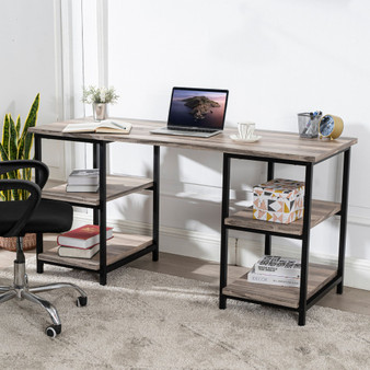 59 Inches Computer Desk Trestle Desk with Both Side 2-Tier Shelves, Modern Simple Style Study Work Game Desk, Workstation Home Office Table, Rustic Wood Desk