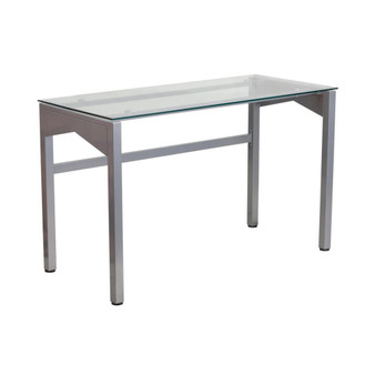 Contemporary Clear Tempered Glass Desk With Geometric Sides And Silver Frame