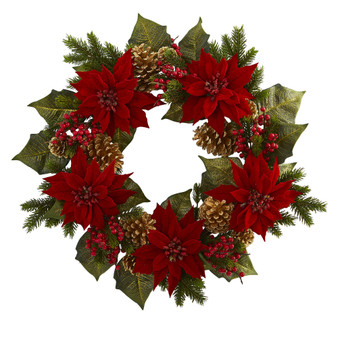 24" Poinsettia, Berry & Pine Cone Artificial Wreath