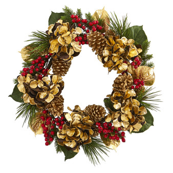 24" Golden Hydrangea w/Berries & Pine Artificial Wreath