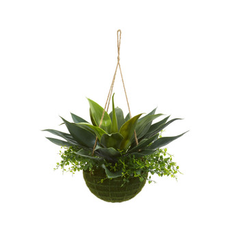 Agave and Maiden Hair Artificial Plant in Hanging Basket (Indoor/Outdoor)