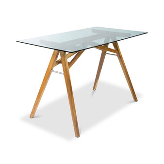 Sophie Mid Century Tempered Glass Desk with Natural Stained Acacia Wood Frame