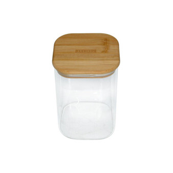 Square Clear High Borosilicate Glass Storage with Flat Bamboo Lid and Plant Oil Surface, 1200 ml