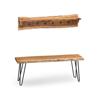 Hairpin Natural Live Edge Bench with Coat Hook Shelf Set