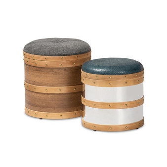 Caleb Modern and Contemporary Glam Fabric and Alligator Faux Leather Upholstered 2 Piece and Metal Storage Ottoman Set