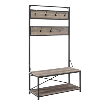 72" Industrial Metal and Wood Hall Tree - Grey Wash