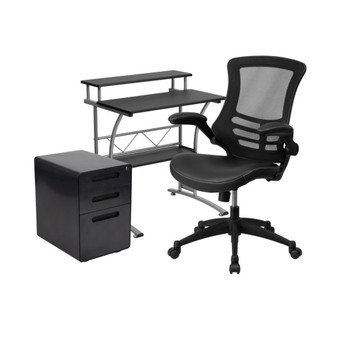 Work From Home Kit-Computer Desk, Mesh/Leathersoft Office Chair, File Cabinet