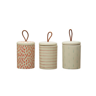 Set of 3 4.25" H Stoneware container with Lid, 3 Colors, 3 Styles