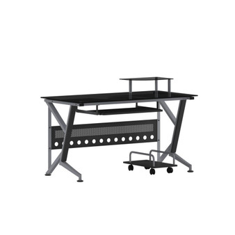 Glass Computer Desk With Pull-Out Keyboard Tray And Cpu Cart