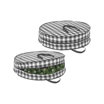 Round 30" Wreath Storage Container, Handles - 2 Pack, Plaid Black/White