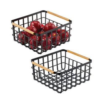 Metal Wire Organizer Basket, Bamboo Handles, Medium - 2 Pack, Matte Black/Natural
