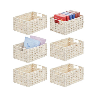 Woven Farmhouse Kitchen Pantry Food Storage Basket Box, Small - 6 Pack, White