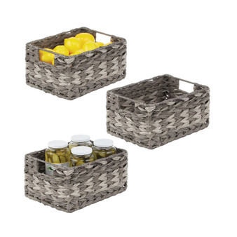 Woven Farmhouse Pantry Food Storage Bin Basket Box, Small - 3 Pack - Gray Ombre