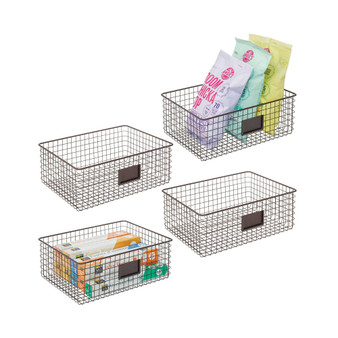 Wide Steel Kitchen Organizer Basket with Label Slot, 4 Pack - Bronze