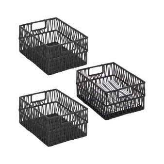 Metal Wire, Cotton Rope Small Decorative Kitchen Basket - 3 Pack - Black