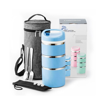 Stackable Compartment Lunch Box With Lunch Bag, Cutlery Set, Blue