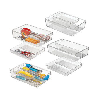 2 Piece Plastic Stackable Kitchen Drawer Organizer with Top Tray - 4 Pack