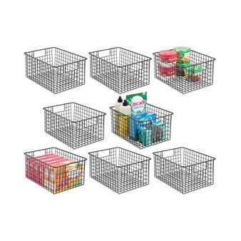 Metal Wire Food Organizer Basket with Built-In Handles, Medium - 8 Pack, Black