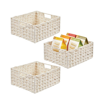 Woven Farmhouse Kitchen Pantry Food Storage Basket Box, Medium - 3 Pack, White