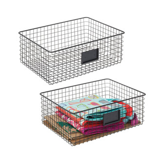Wide Steel Kitchen Organizer Basket - Label Slot, 2 Pack, Matte Black